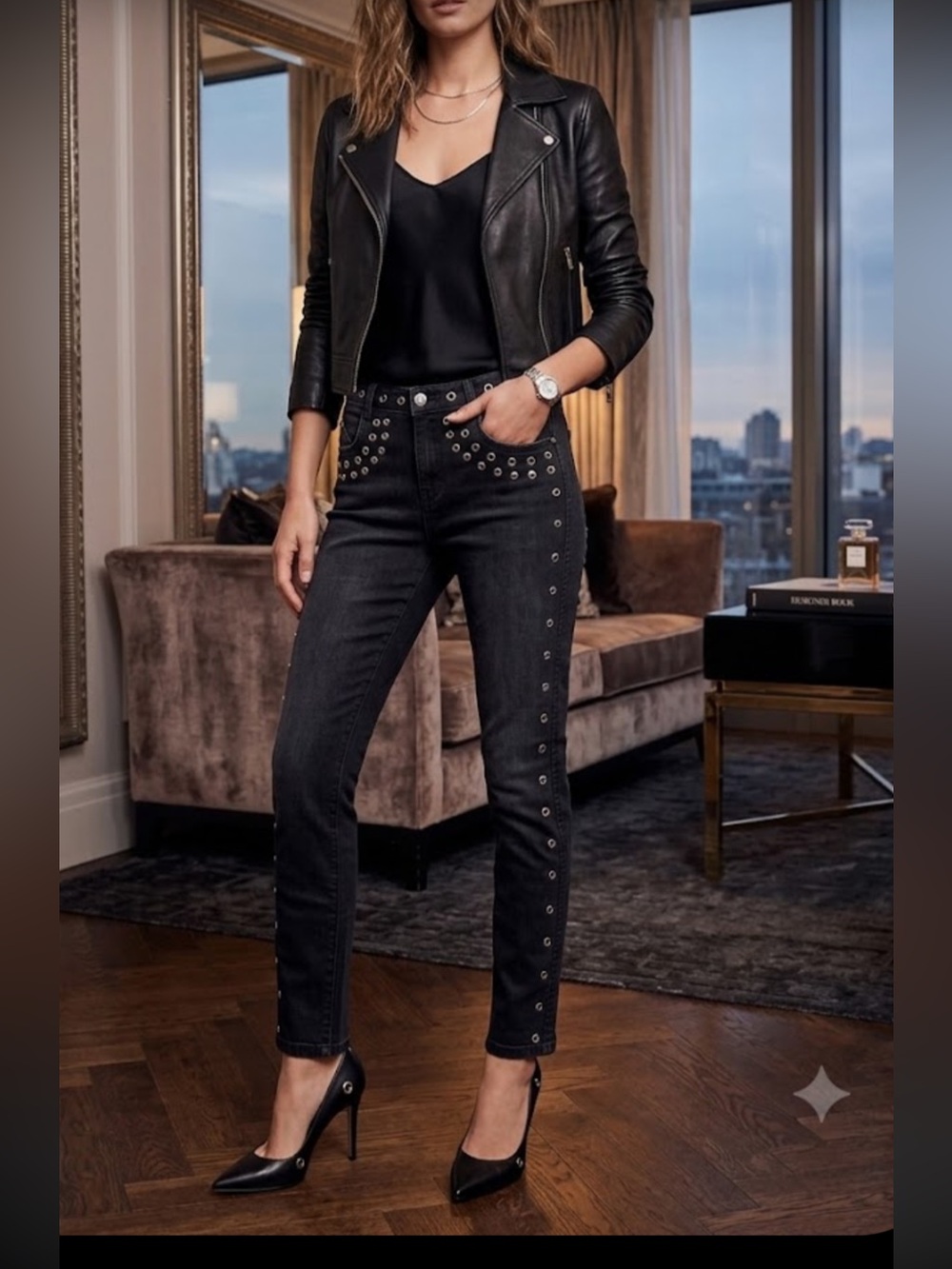 Current/Elliott Black High Waist Skinny Jeans with Grommet Trim